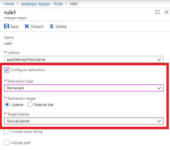 Screenshot showing an example of the redirection configuration settings page.