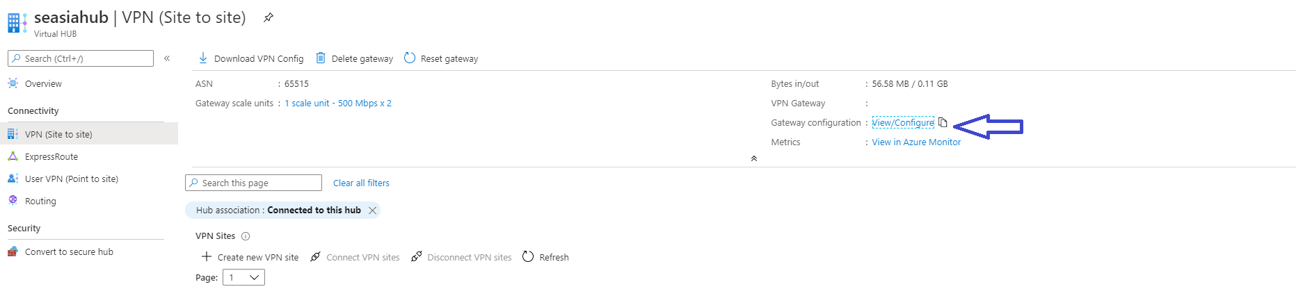 Screenshot showing how to view and edit your Virtual Private Network gateway settings from the Virtual Hub configuration page.