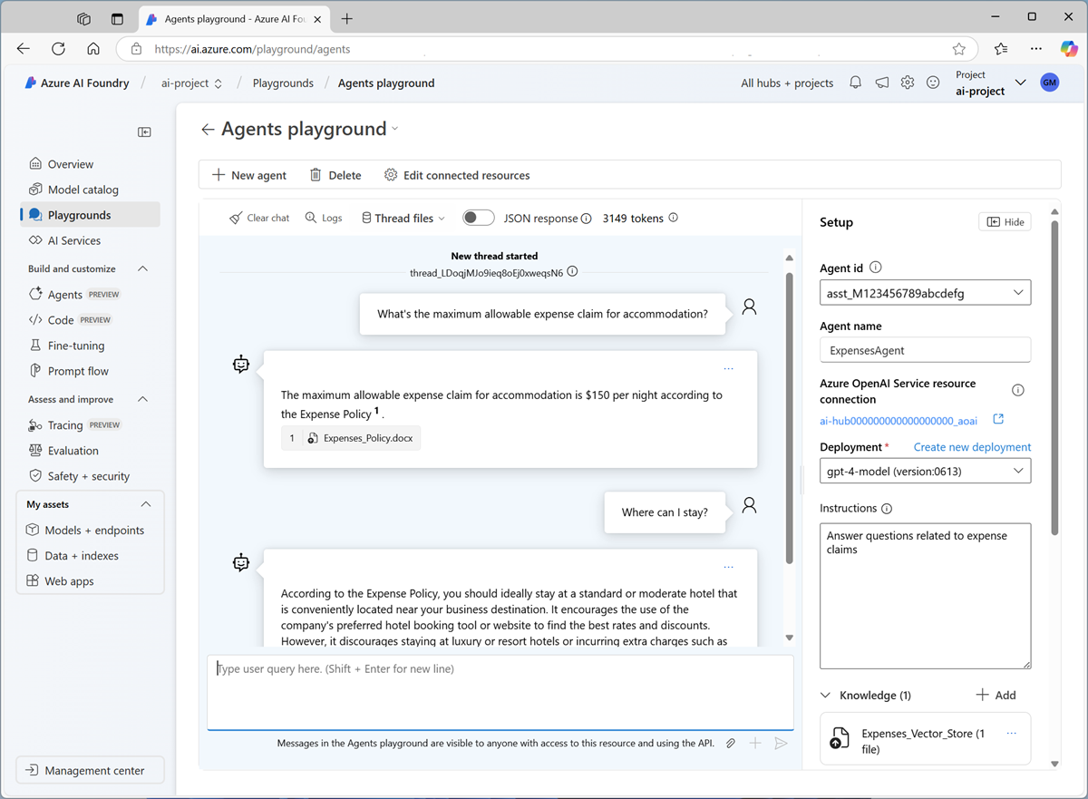 Screenshot of the Azure AI Agent playground in the Azure AI Foundry portal.