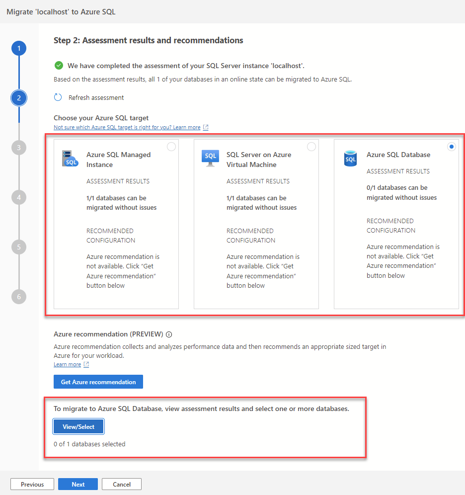 Screenshot of the assessment results page for the migration extension wizard.