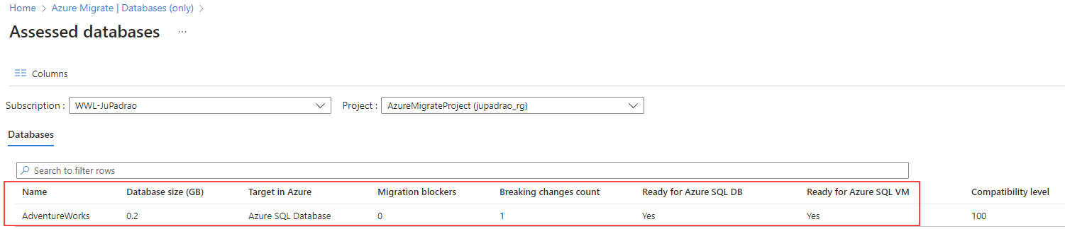 Screenshot of the assessed databases page results after the assessment report was uploaded.