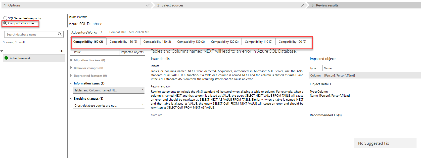 Screenshot of the review results tab after running a compatibility assessment in Data Migration Assistant.