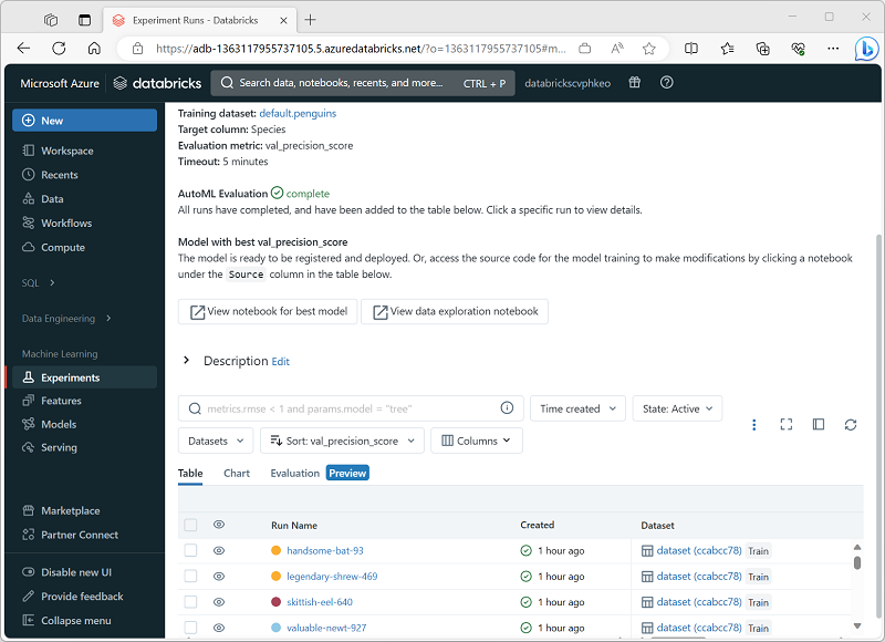 Screenshot of the AutoML Experiment interface with completed runs.