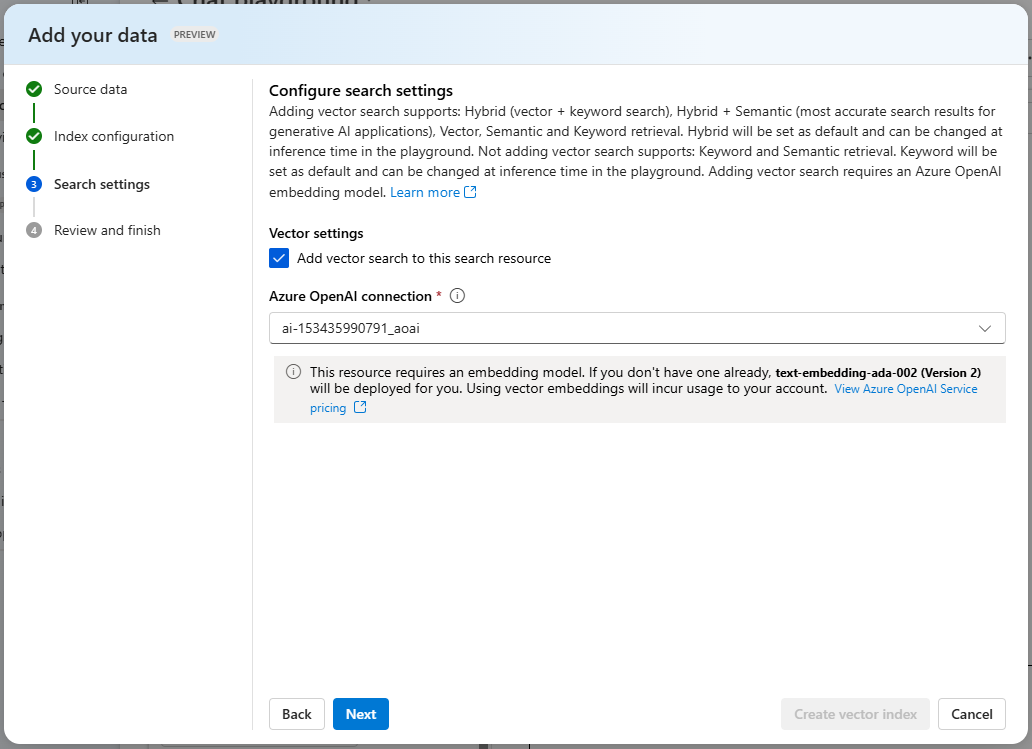 Screenshot of creating an index in the Azure AI Studio.