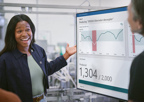 Photograph showing woman in sharing a manufacturing report.