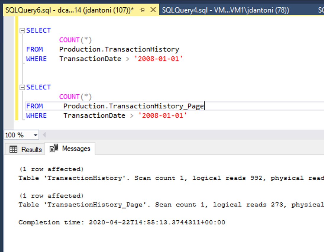 Query against non-compressed and page compressed table