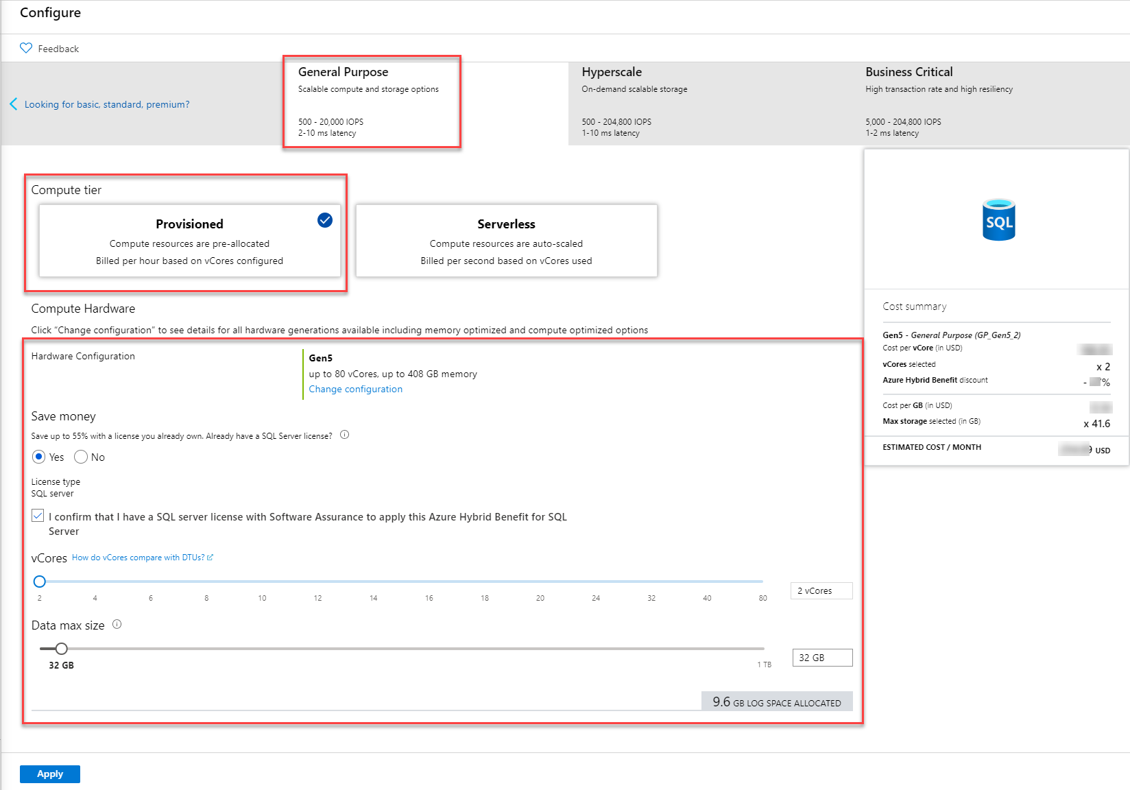 Service Tier selection in Azure portal