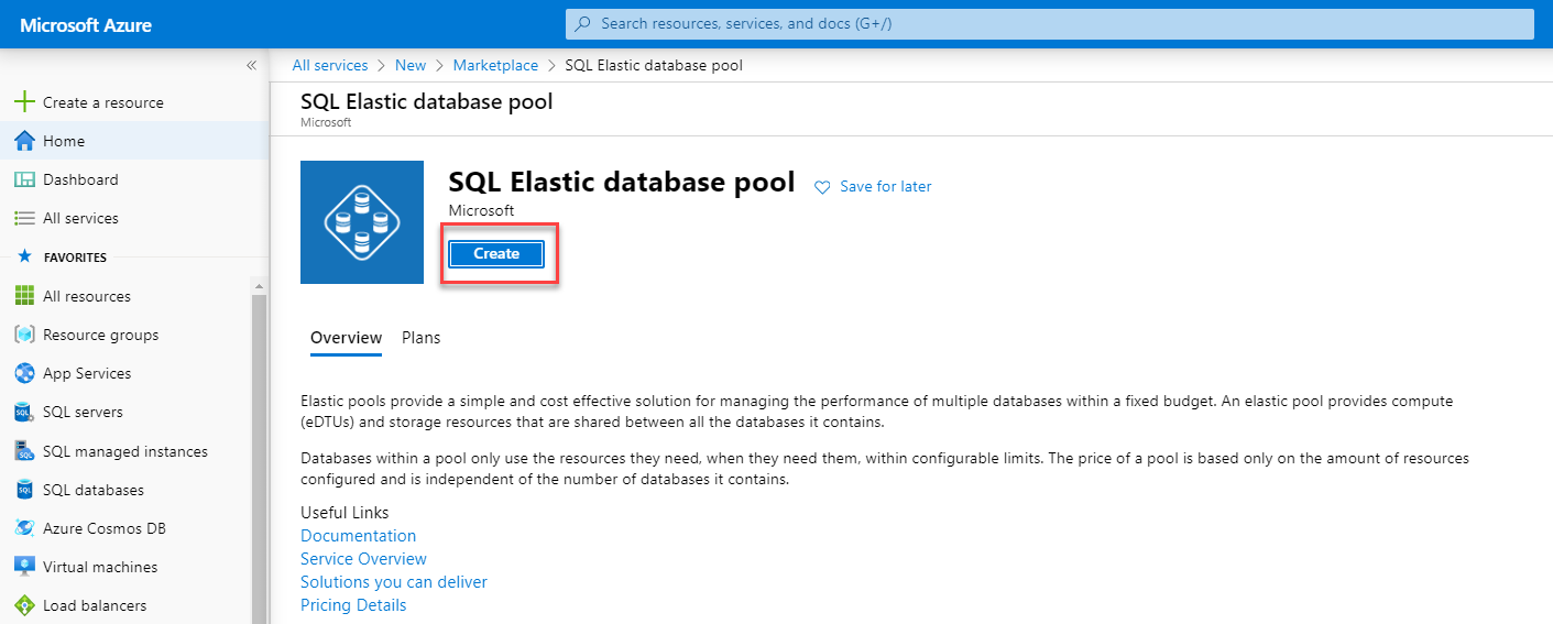 The Create Elastic Pool screen in the Azure portal