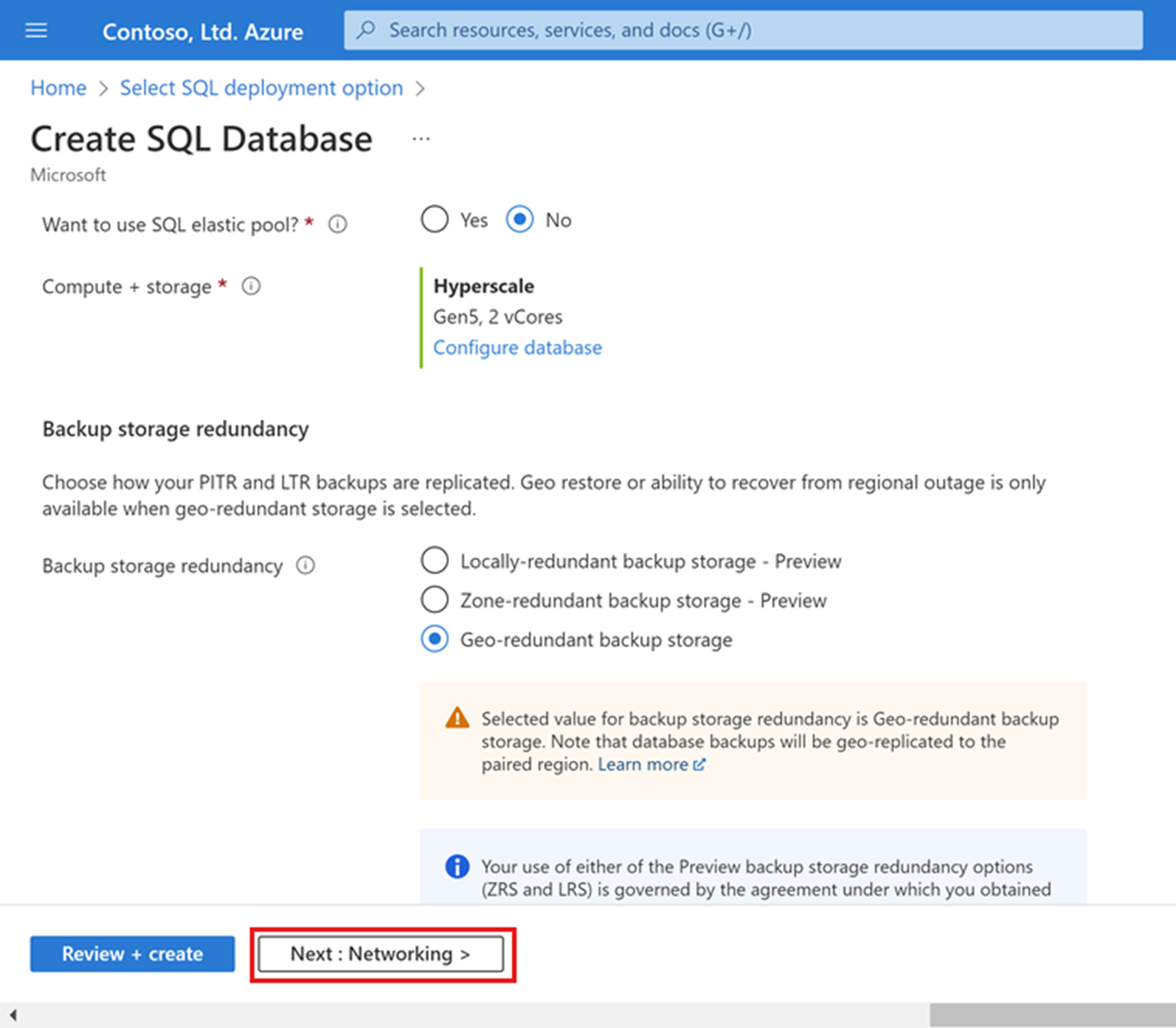 Network page when provisioning an Azure SQL Database Hyperscale