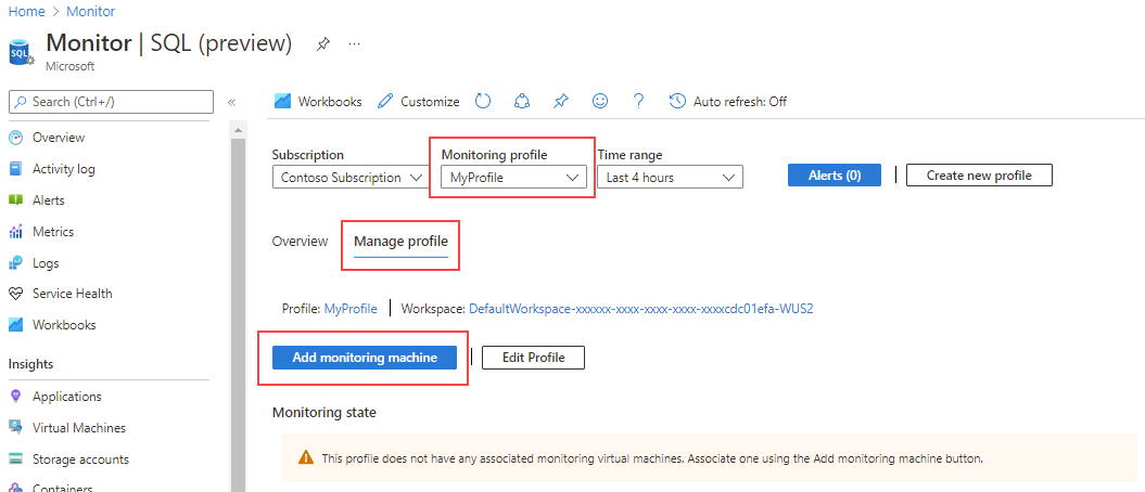 Screenshot of the add monitoring machine on SQL Insights main page.