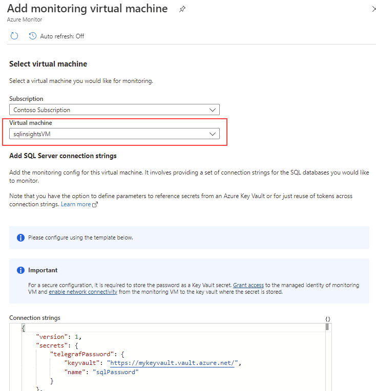 Screenshot of the add monitoring virtual machine page for SQL Insights.