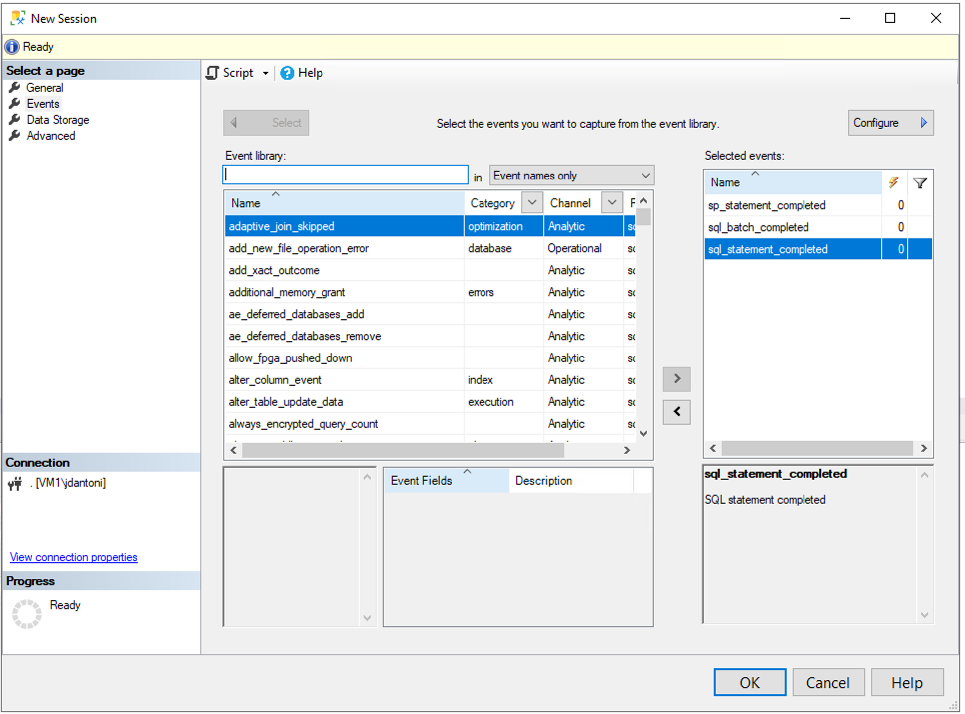 Event selection in SQL Server Management Studio