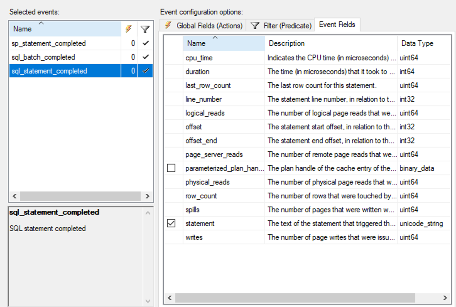 Event fields selection