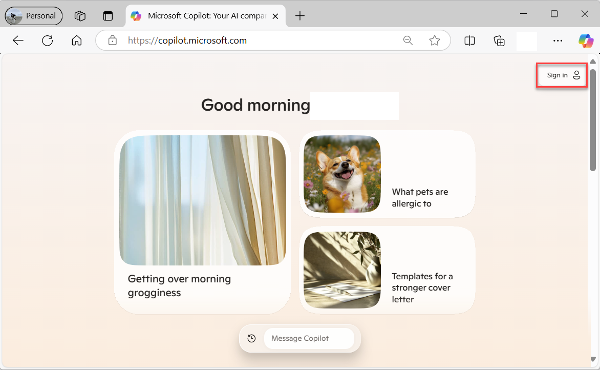 Screenshot of Copilot.microsoft.com with the sign in button highlighted.