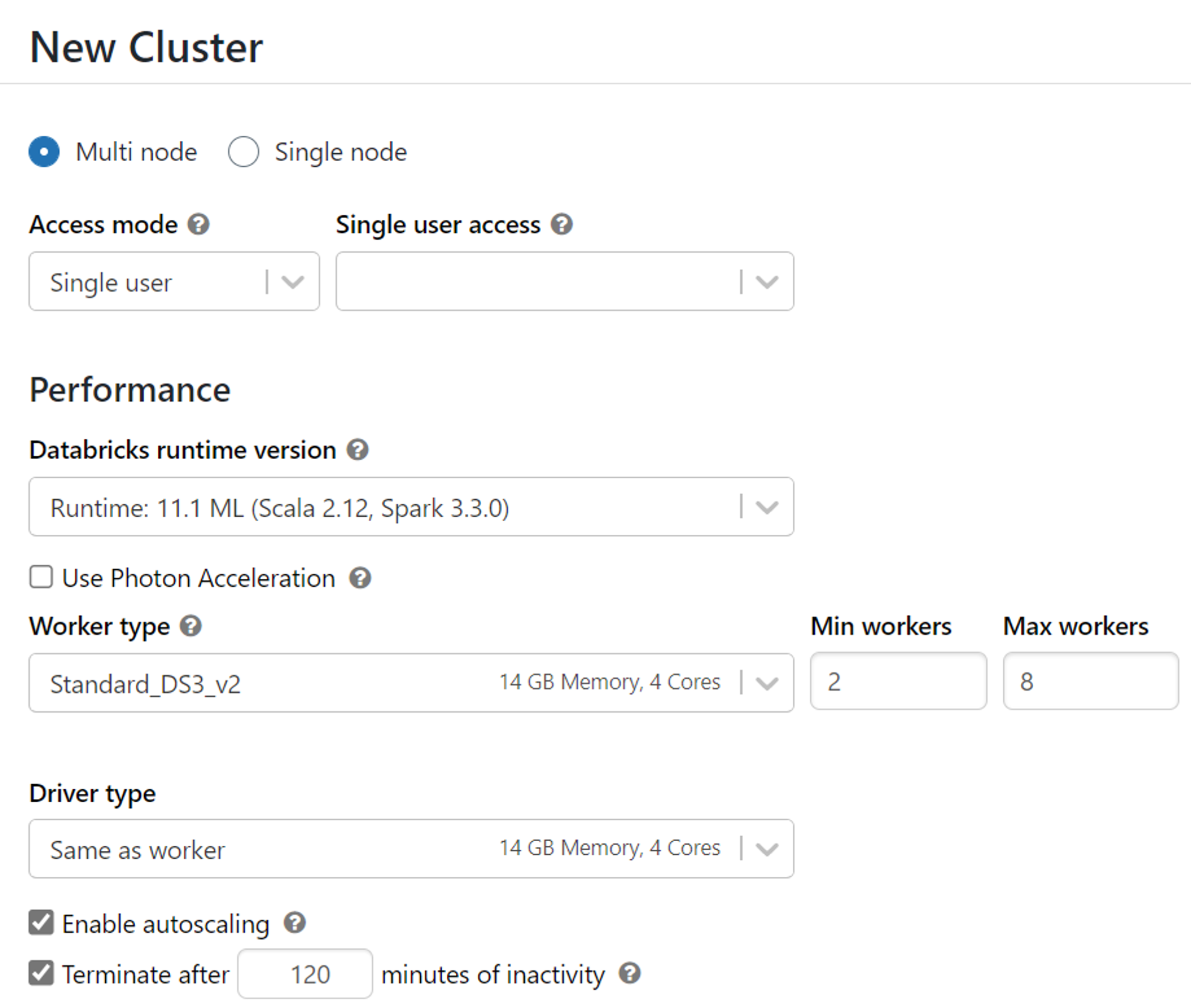 Screenshot of creating a new cluster in Azure Databricks, showing the worker and driver nodes.