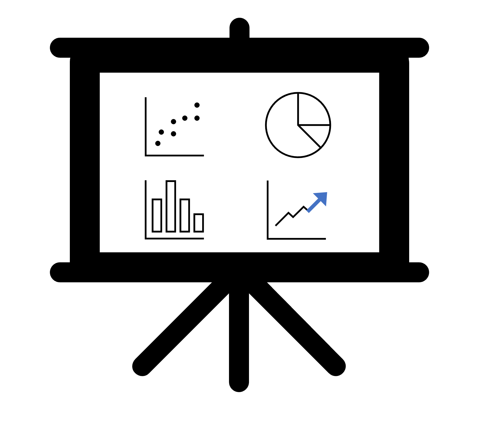 Diagram showing a report with several graphs. One graph is a line chart with a blue arrow highlighting the forecasted values.