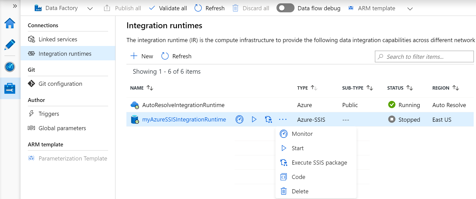 Integration Runtimes page