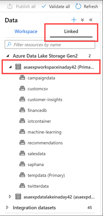 Viewing linked in the data hub in Azure Synapse Studio