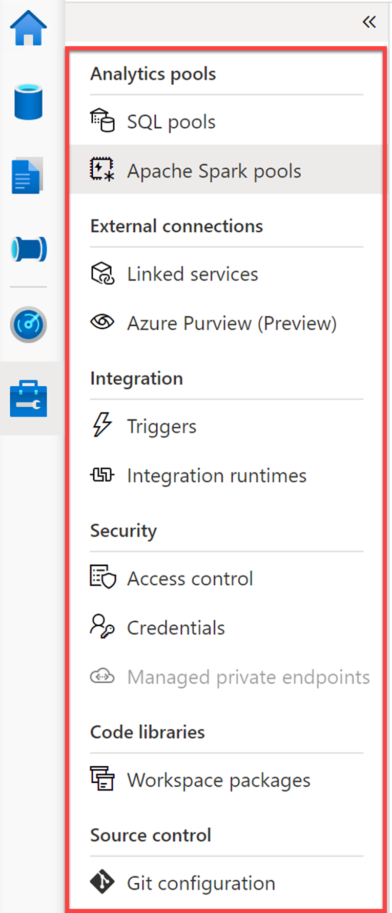 Using the Manage hub in Azure Synapse Studio