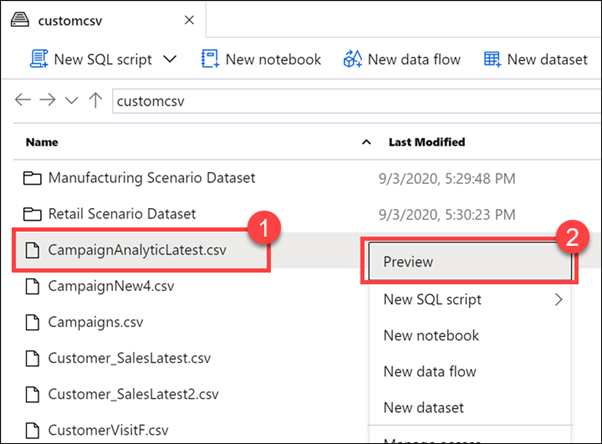 Preview data in the data hub in Azure Synapse Studio