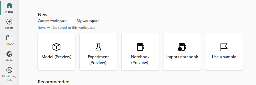 Screenshot of the actions available in a Data Science workspace in Microsoft Fabric.