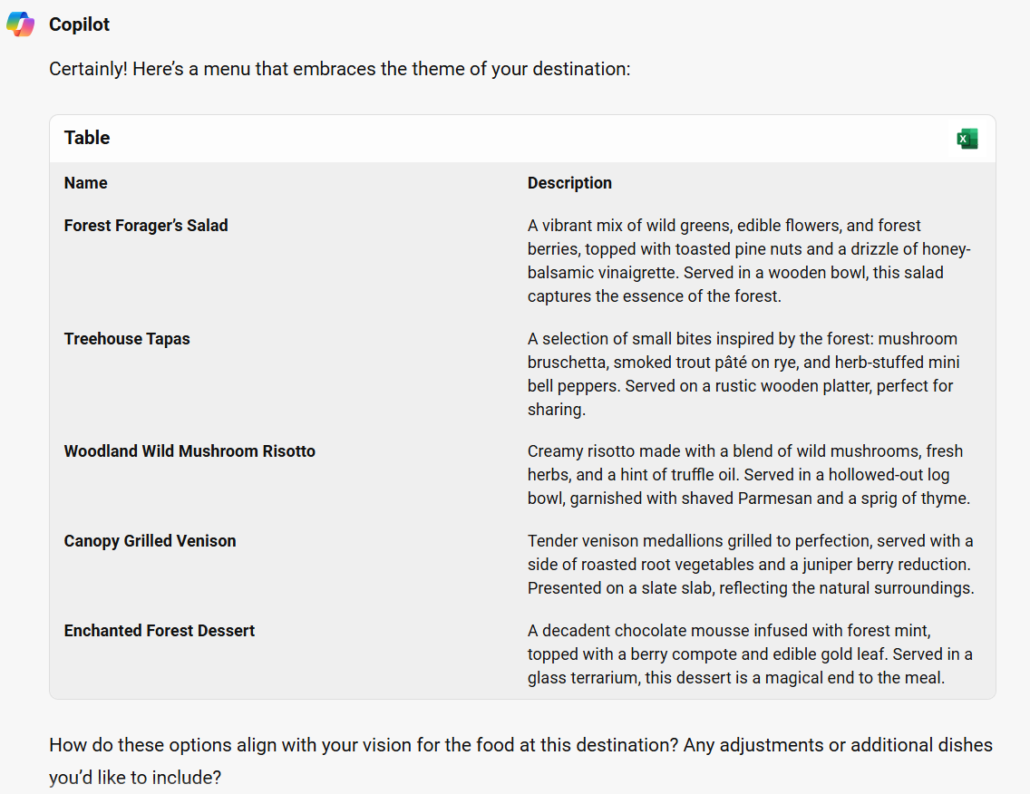 Screenshot of a sample menu suggested by Copilot, formatted as a table.