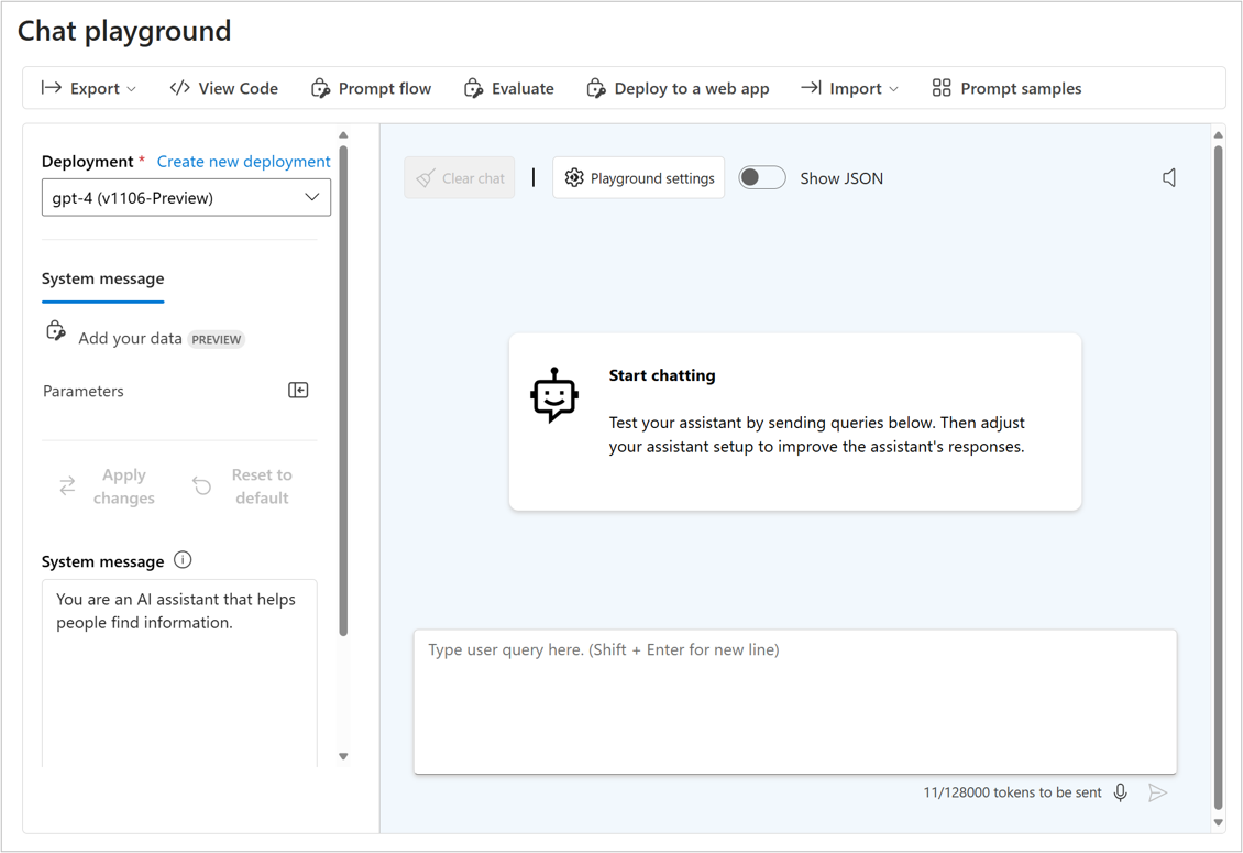 Screenshot showing the chat playground in the Azure AI Foundry.