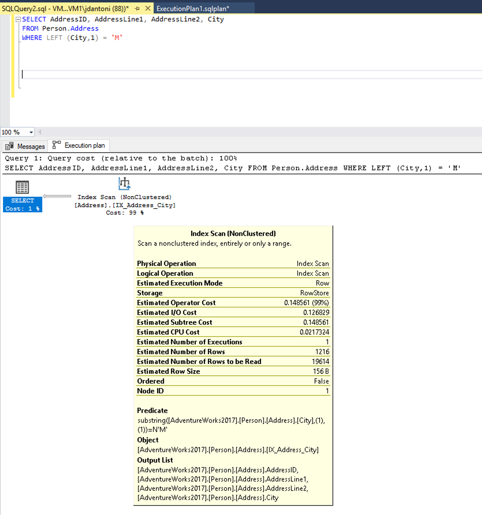 Screenshot of query and execution plan using a non-SARGable function.