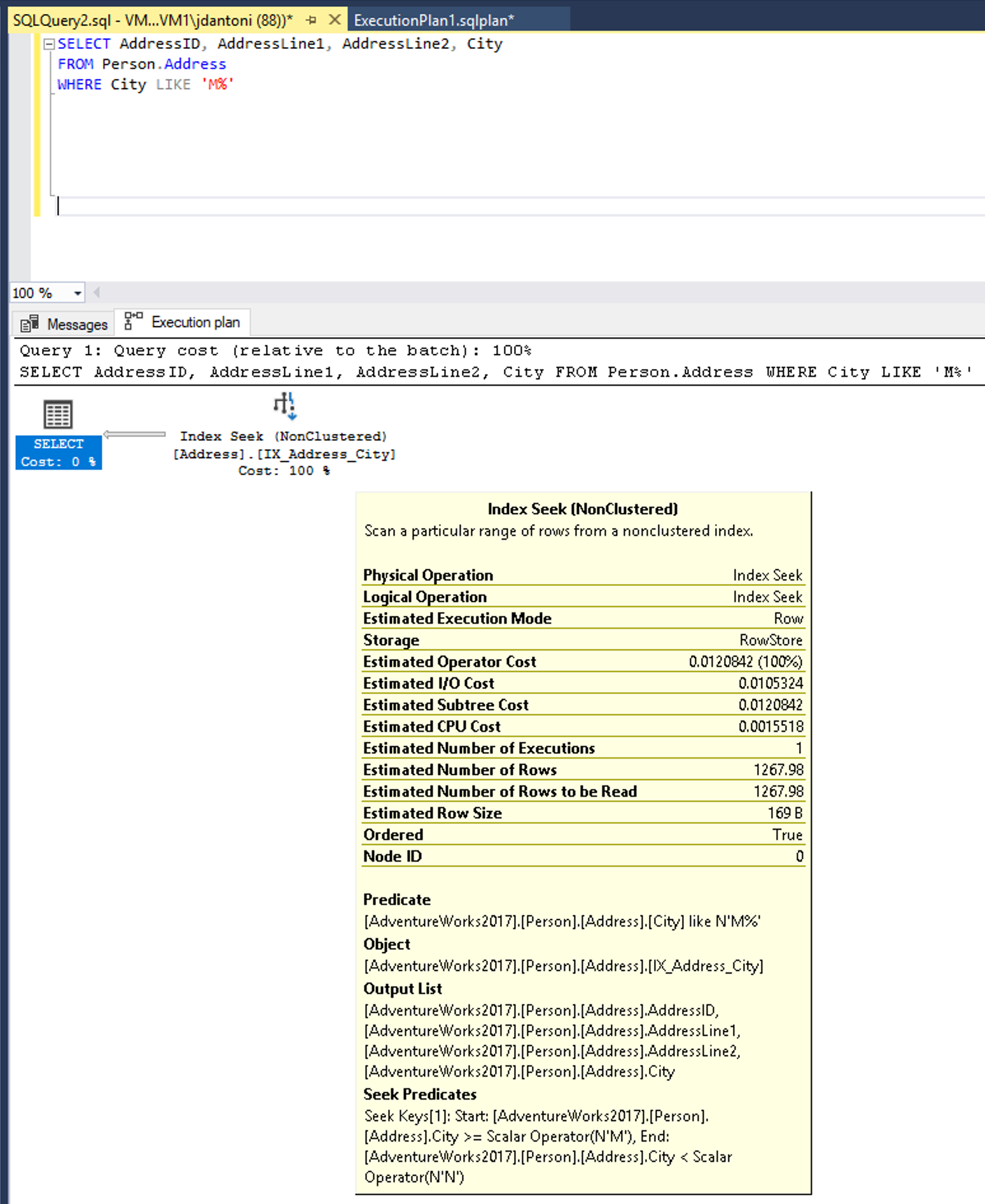 Screenshot of a query and execution plan with a SARGable Predicate.