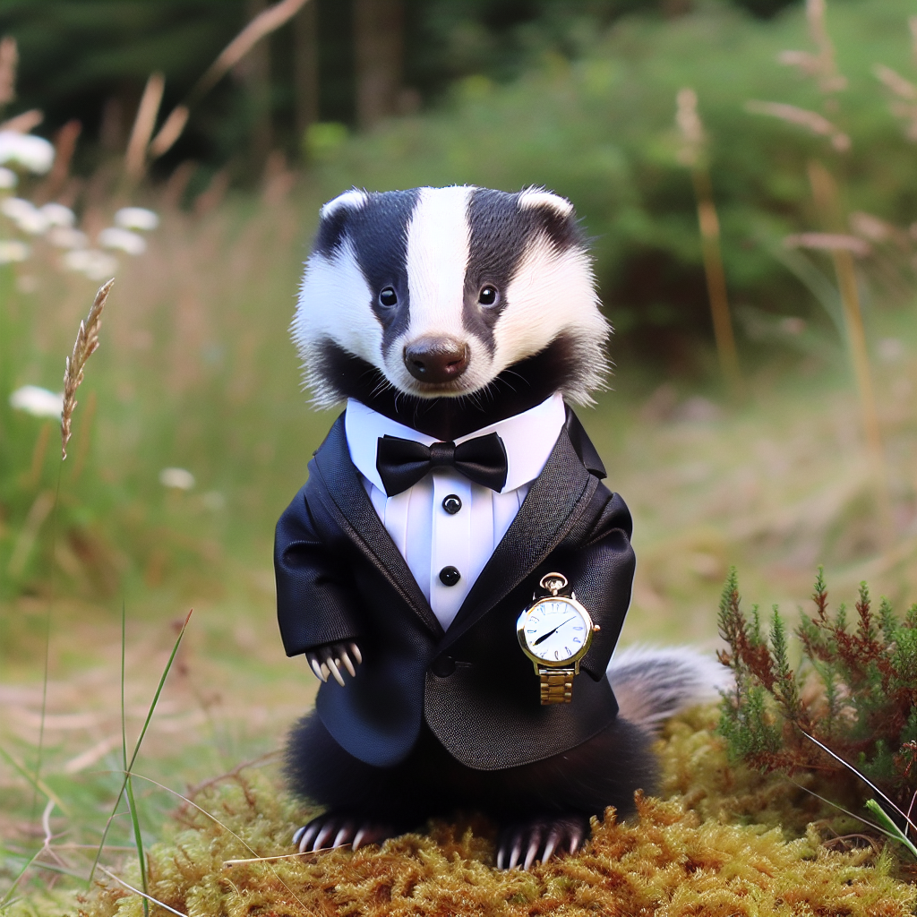 A picture of a badger wearing a tuxedo.