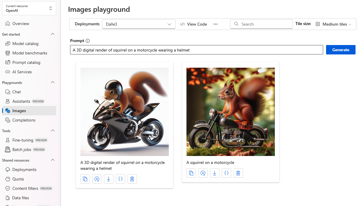 A screenshot of the Images playground in Azure AI Studio.