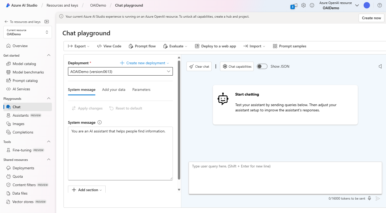 Screenshot of the Azure AI Studio portal's Chat playground.