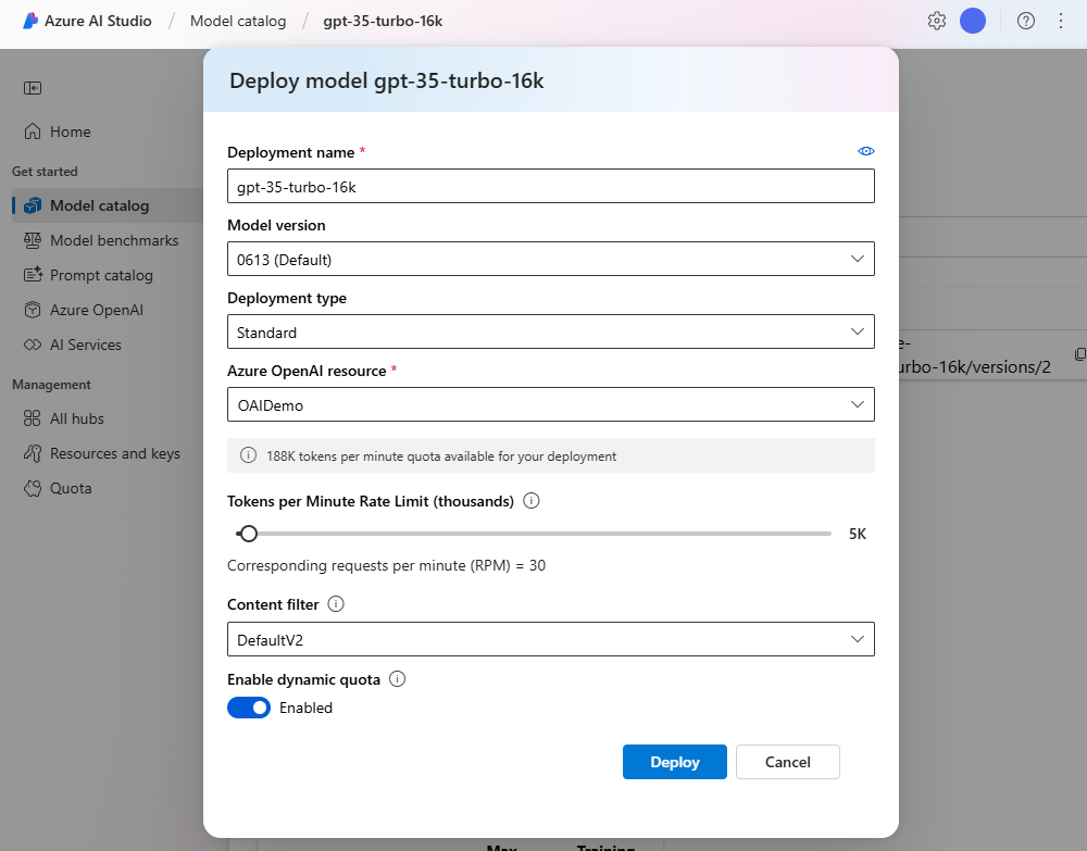 Screenshot of the Azure AI Studio portal's model deployment wizard.