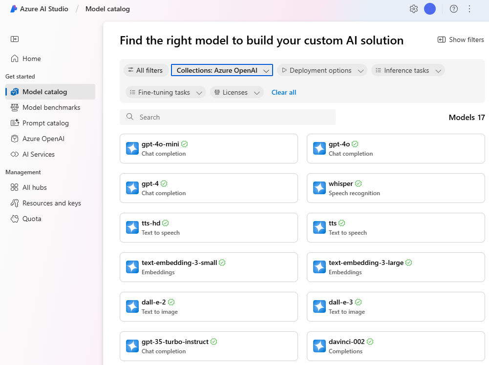 Screenshot of the Azure AI Studio portal's out-of-the-box generative AI models.