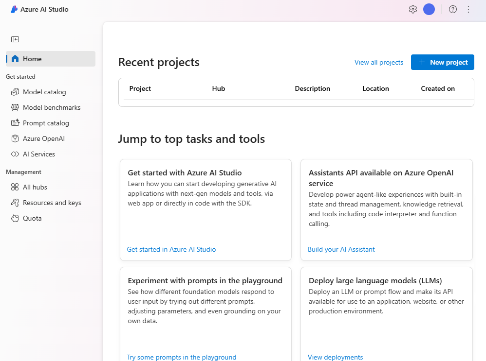 Screenshot of the Azure AI Studio portal which can be used to access several features.