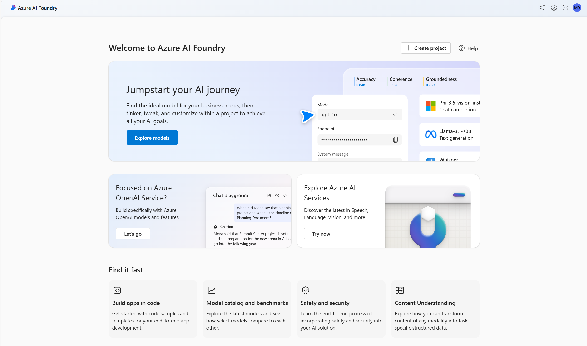 Screenshot of the Azure AI Foundry portal home page.