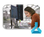 Photograph showing person at computer and the Azure Machine Learning logo.