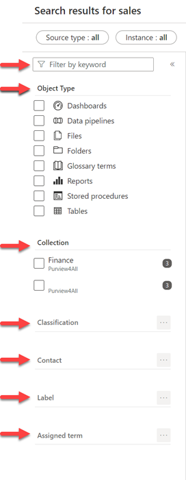 Screenshot of Microsoft Purview Data Catalog interface, displaying search results.