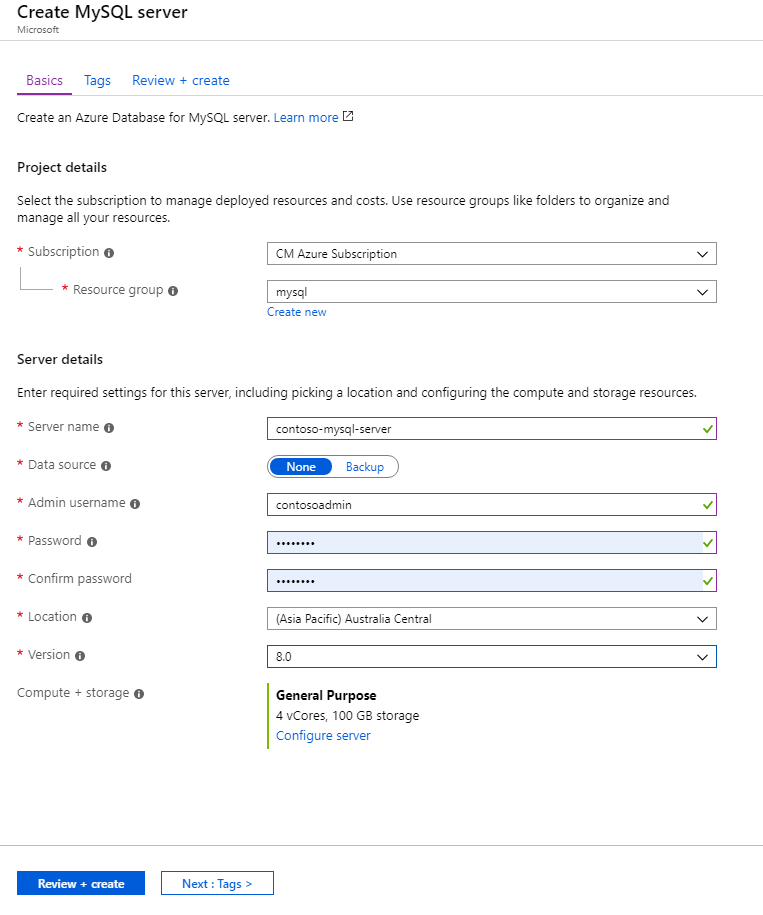 Screenshot showing a sample configuration for Azure Database for MySQL in the Azure portal.