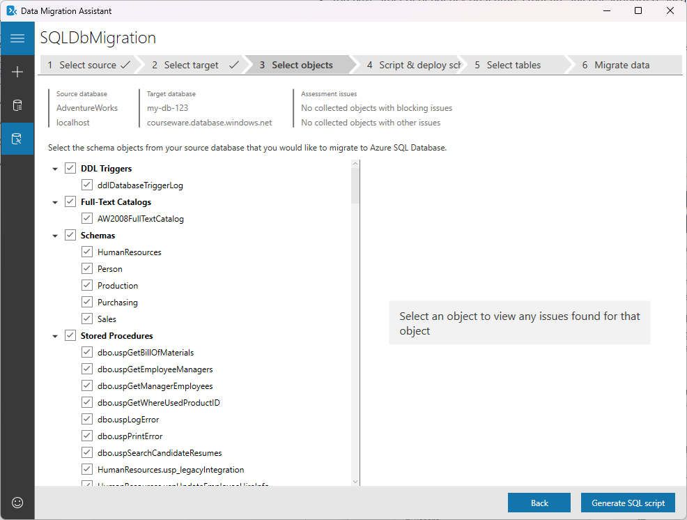 Screenshot showing the select objects tab on Data Migration Assistant.