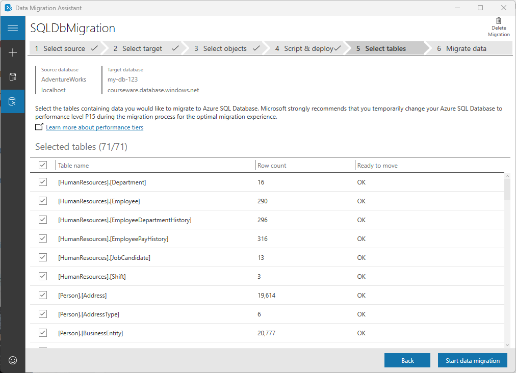 Screenshot showing select tables tab on Data Migration Assistant.