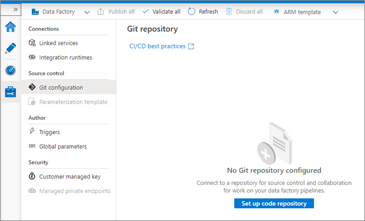 Configure the code repository settings from management hub