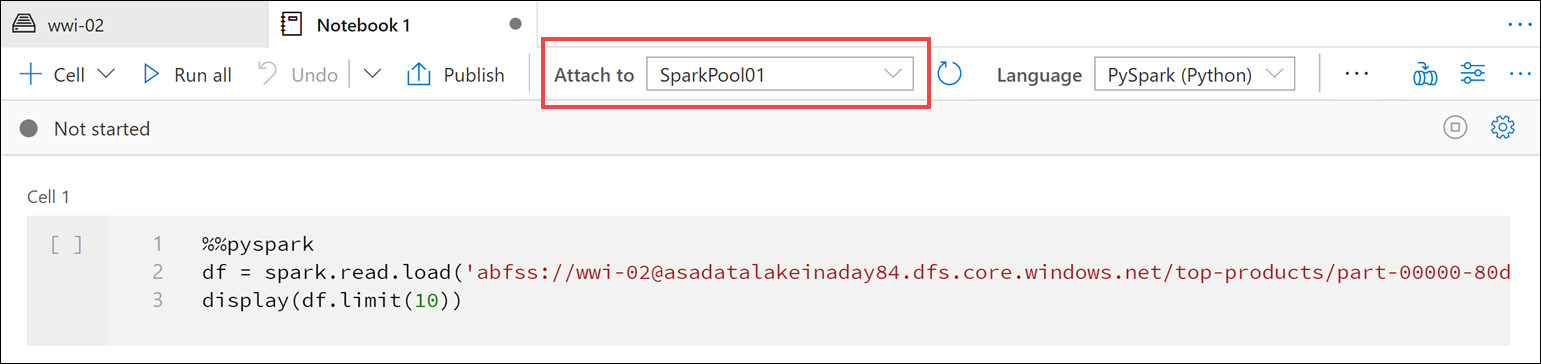 The attach to Spark pool menu item is highlighted.