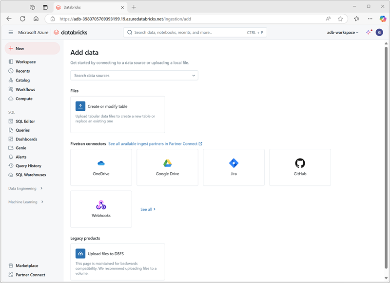 Screenshot of adding data to Azure Databricks.