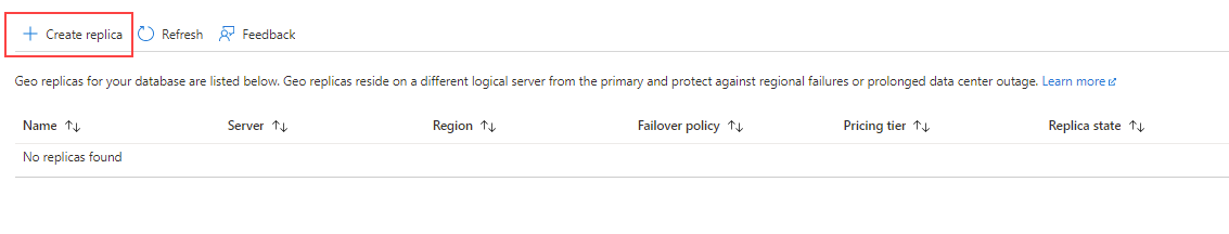 Screenshot of the replica page for Azure SQL Database.