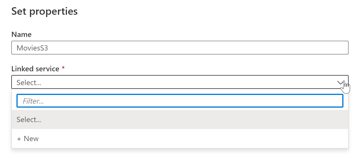 Screenshot that shows the Set Properties window, with filter highlighted under Linked service.