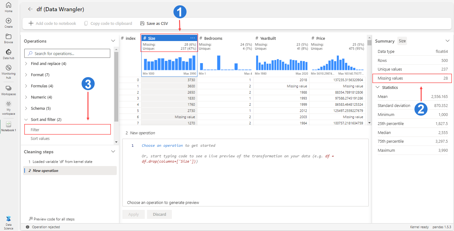 Screenshot of how to check missing data information in Data Wrangler.