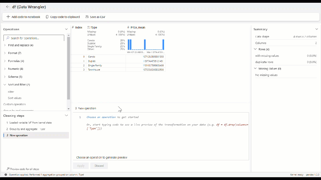 Screenshot of how to generate code for the operators from Data Wrangler.