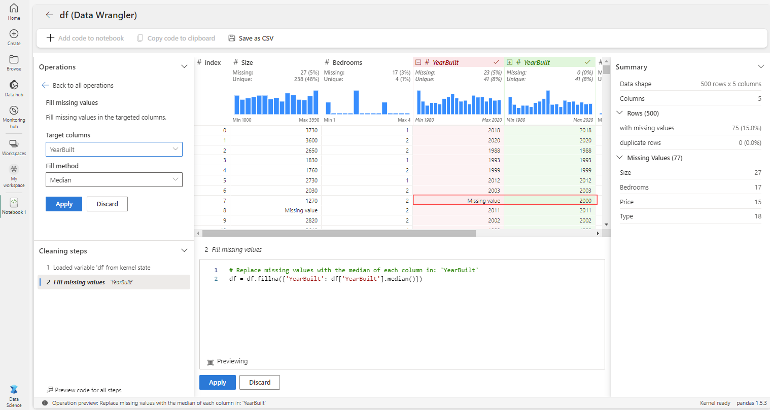 Screenshot of how to impute missing values in the targeted columns using the median in Data Wrangler.