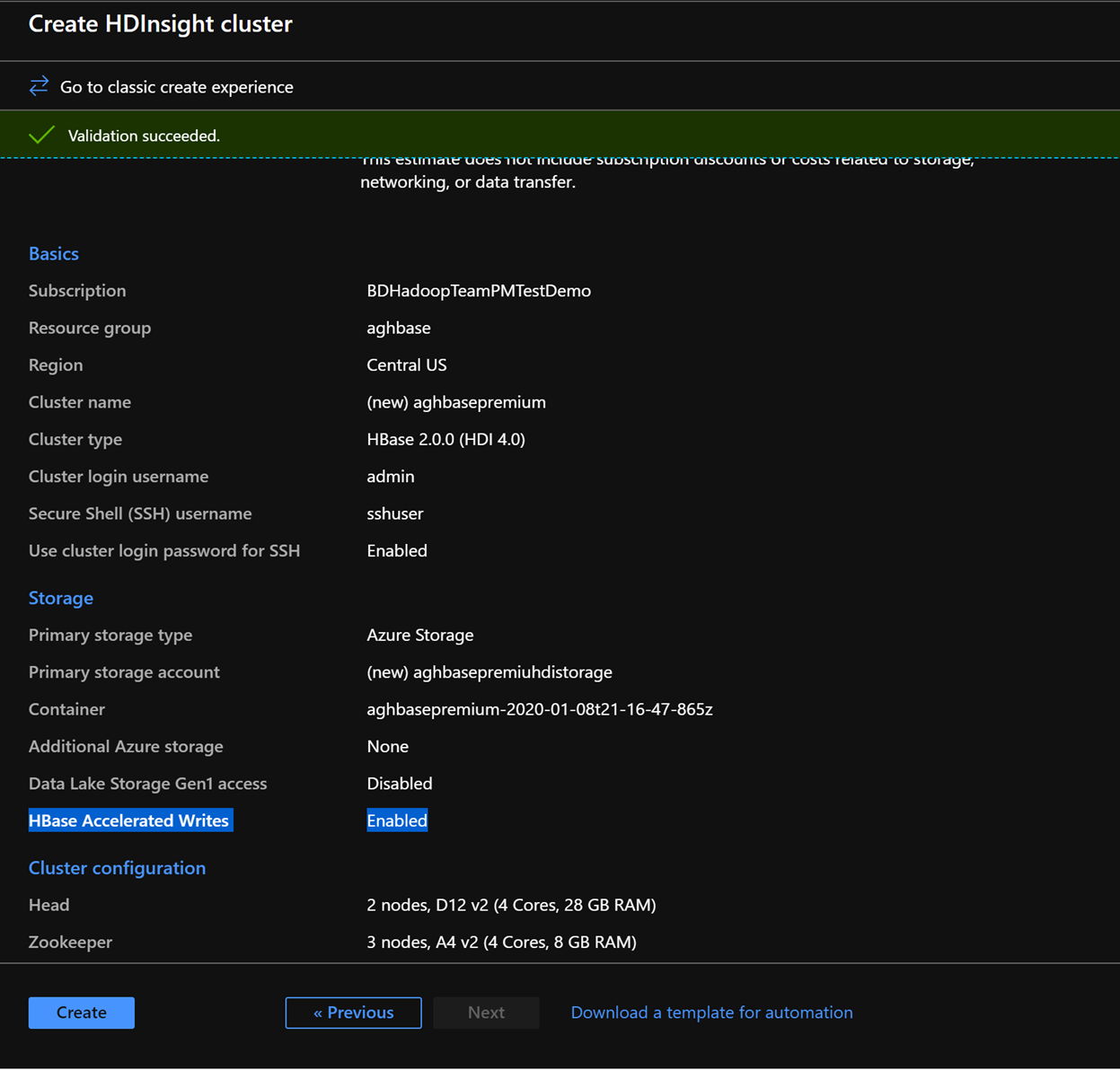 Create HDInsight cluster validation screen.